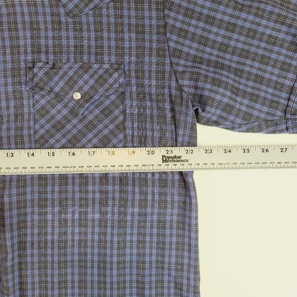 Plains Western Wear Blue Plaid Shirt Short Sleeve Pearl Snap Buttons Size Large - Picture 11 of 13
